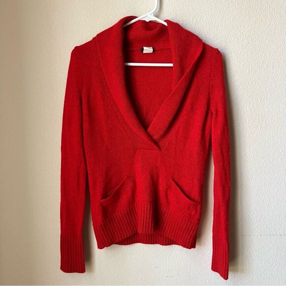J. Crew Red Alpaca Merino Wool Blend Y2K 90s Preppy Deep V Neck Sweater XS - Picture 2 of 6
